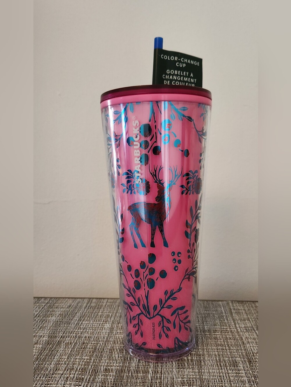 Starbucks Pink Tumbler with Blue Reindeer Print